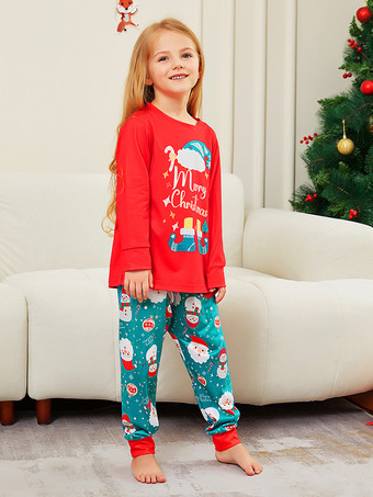 メリークリスマスプリントの赤と青緑のファミリーパジャマ 2025