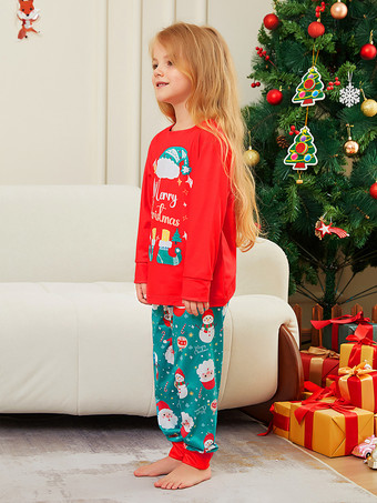 メリークリスマスプリントの赤と青緑のファミリーパジャマ 2025