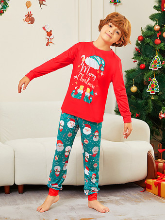 メリークリスマスプリントの赤と青緑のファミリーパジャマ 2025