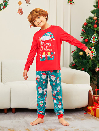 メリークリスマスプリントの赤と青緑のファミリーパジャマ 2025