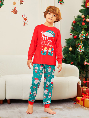 メリークリスマスプリントの赤と青緑のファミリーパジャマ 2025