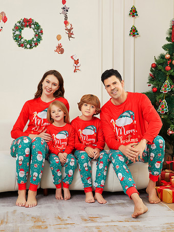 レッド メリークリスマスプリントの赤と青緑のファミリーパジャマ 2025