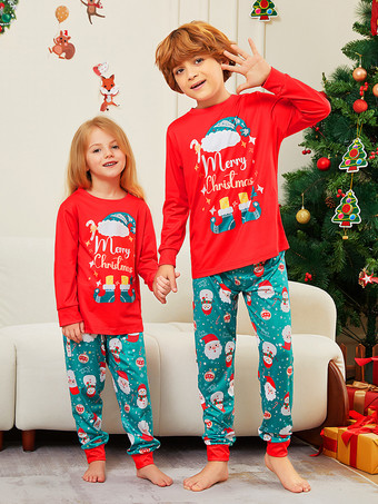 メリークリスマスプリントの赤と青緑のファミリーパジャマ 2025