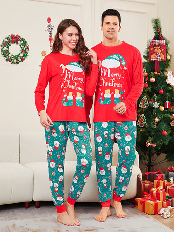 メリークリスマスプリントの赤と青緑のファミリーパジャマ 2025