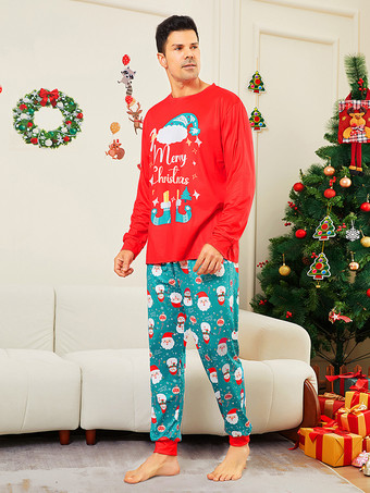 メリークリスマスプリントの赤と青緑のファミリーパジャマ 2025