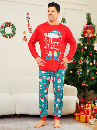 メリークリスマスプリントの赤と青緑のファミリーパジャマ 2025