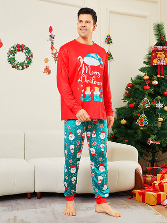 メリークリスマスプリントの赤と青緑のファミリーパジャマ 2025