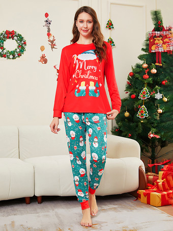 メリークリスマスプリントの赤と青緑のファミリーパジャマ 2025
