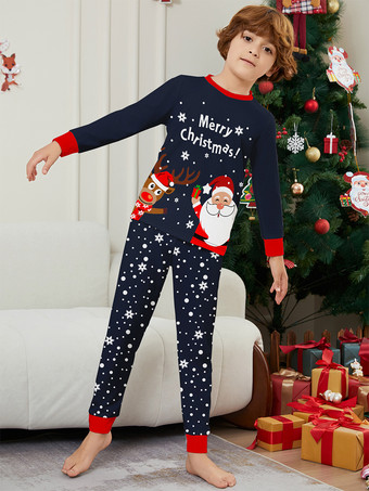 ネイビーとレッドのメリークリスマスファミリーパジャマ（サンタとトナカイ付き）2026
