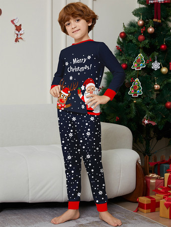 ネイビーとレッドのメリークリスマスファミリーパジャマ（サンタとトナカイ付き）2026