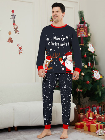 ネイビーとレッドのメリークリスマスファミリーパジャマ（サンタとトナカイ付き）2026