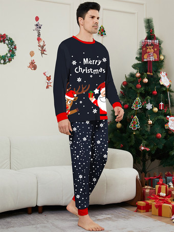 ネイビーとレッドのメリークリスマスファミリーパジャマ（サンタとトナカイ付き）2026