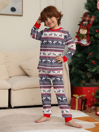 グレーのトナカイ柄フェアアイル柄ファミリークリスマスパジャマ（赤いトリム付き）2025年