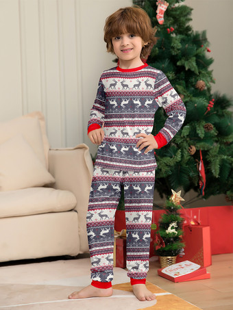 グレーのトナカイ柄フェアアイル柄ファミリークリスマスパジャマ（赤いトリム付き）2025年