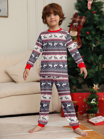 グレーのトナカイ柄フェアアイル柄ファミリークリスマスパジャマ（赤いトリム付き）2025年