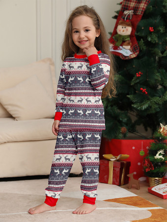 グレーのトナカイ柄フェアアイル柄ファミリークリスマスパジャマ（赤いトリム付き）2025年