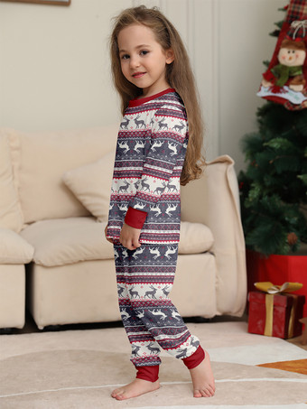 グレーのトナカイ柄フェアアイル柄ファミリークリスマスパジャマ（赤いトリム付き）2025年