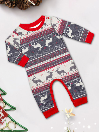 グレーのトナカイ柄フェアアイル柄ファミリークリスマスパジャマ（赤いトリム付き）2025年