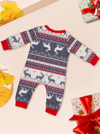 グレーのトナカイ柄フェアアイル柄ファミリークリスマスパジャマ（赤いトリム付き）2025年