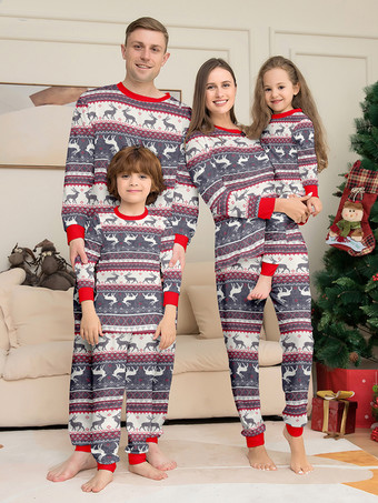 グレイグレーのトナカイ柄フェアアイル柄ファミリークリスマスパジャマ（赤いトリム付き）2025年