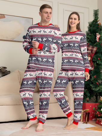 グレーのトナカイ柄フェアアイル柄ファミリークリスマスパジャマ（赤いトリム付き）2025年