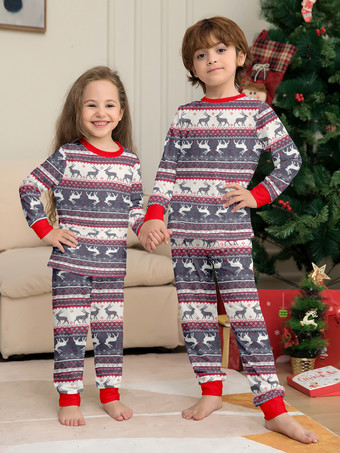 グレーのトナカイ柄フェアアイル柄ファミリークリスマスパジャマ（赤いトリム付き）2025年