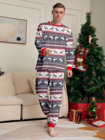 グレーのトナカイ柄フェアアイル柄ファミリークリスマスパジャマ（赤いトリム付き）2025年