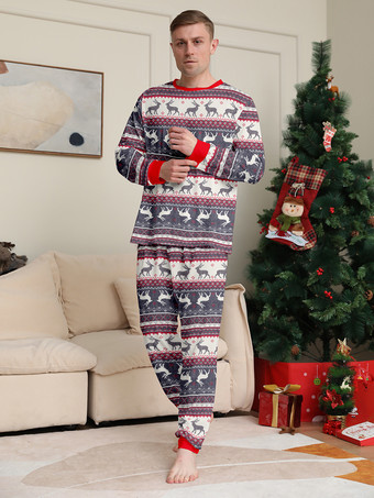 グレーのトナカイ柄フェアアイル柄ファミリークリスマスパジャマ（赤いトリム付き）2025年
