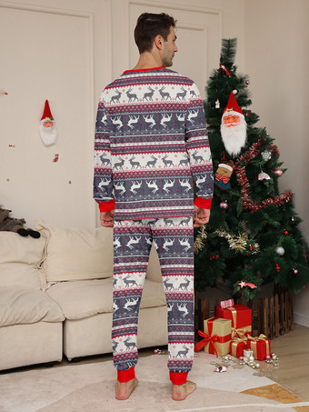 グレーのトナカイ柄フェアアイル柄ファミリークリスマスパジャマ（赤いトリム付き）2025年