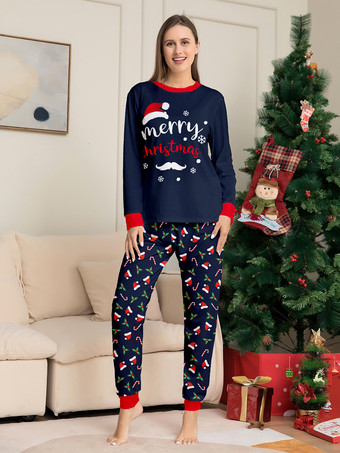 ネイビーレッドのメリークリスマスファミリーパジャマ、キャンディケインプリント、2025