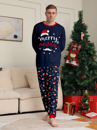 ネイビーレッドのメリークリスマスファミリーパジャマ、キャンディケインプリント、2025