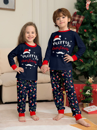 ネイビーレッドのメリークリスマスファミリーパジャマ、キャンディケインプリント、2025