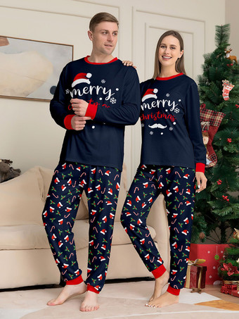 ネイビーレッドのメリークリスマスファミリーパジャマ、キャンディケインプリント、2025