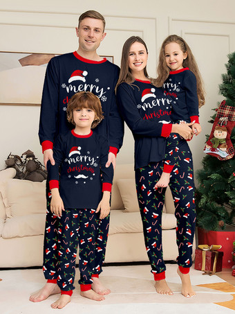 ブラック ネイビーレッドのメリークリスマスファミリーパジャマ、キャンディケインプリント、2025