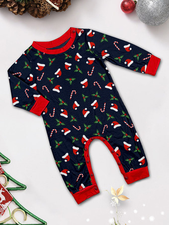 ネイビーレッドのメリークリスマスファミリーパジャマ、キャンディケインプリント、2025