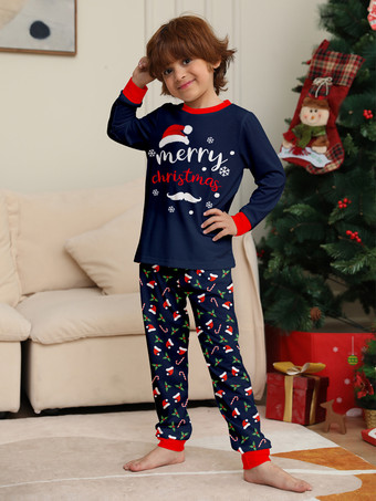 ネイビーレッドのメリークリスマスファミリーパジャマ、キャンディケインプリント、2025