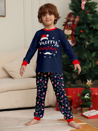 ネイビーレッドのメリークリスマスファミリーパジャマ、キャンディケインプリント、2025