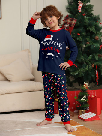 ネイビーレッドのメリークリスマスファミリーパジャマ、キャンディケインプリント、2025