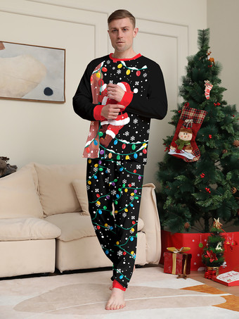 ブラック＆レッドのサンタライトプリントファミリークリスマスパジャマホリデーセット 2025