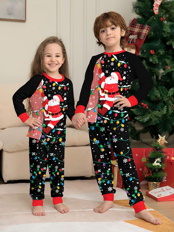 ブラック＆レッドのサンタライトプリントファミリークリスマスパジャマホリデーセット 2025