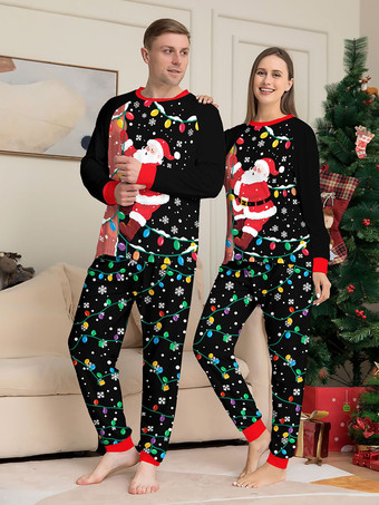 ブラック＆レッドのサンタライトプリントファミリークリスマスパジャマホリデーセット 2025
