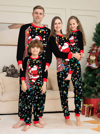 ブラック ブラック＆レッドのサンタライトプリントファミリークリスマスパジャマホリデーセット 2025