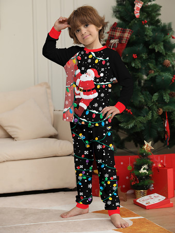ブラック＆レッドのサンタライトプリントファミリークリスマスパジャマホリデーセット 2025