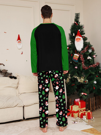 ブラックグリーンのラグランツリーとスノーマンプリントのメリークリスマスファミリーパジャマ2025