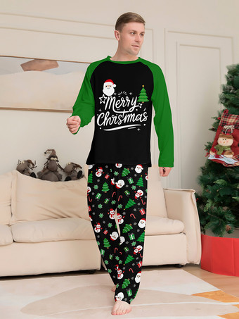 ブラックグリーンのラグランツリーとスノーマンプリントのメリークリスマスファミリーパジャマ2025