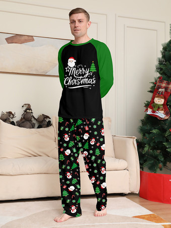 ブラックグリーンのラグランツリーとスノーマンプリントのメリークリスマスファミリーパジャマ2025