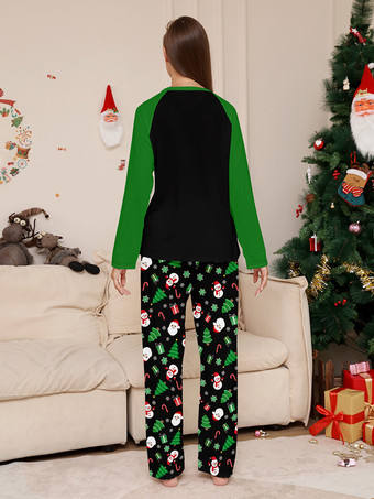 ブラックグリーンのラグランツリーとスノーマンプリントのメリークリスマスファミリーパジャマ2025
