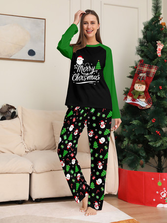 ブラックグリーンのラグランツリーとスノーマンプリントのメリークリスマスファミリーパジャマ2025