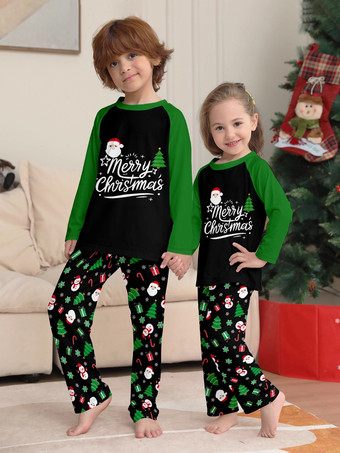 ブラックグリーンのラグランツリーとスノーマンプリントのメリークリスマスファミリーパジャマ2025