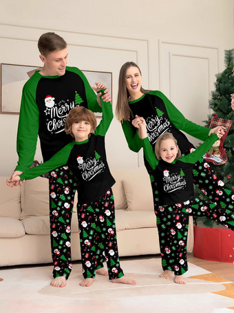 ブラック ブラックグリーンのラグランツリーとスノーマンプリントのメリークリスマスファミリーパジャマ2025
